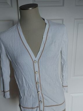 Jones New York White Sweater Cardigan with Tan Trim